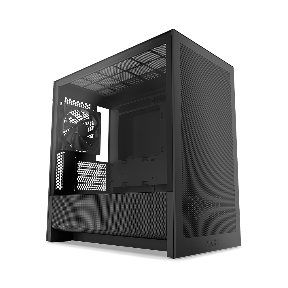 NZXT H3 Flow PC case mid-tower with mesh side panel and open front interior, black