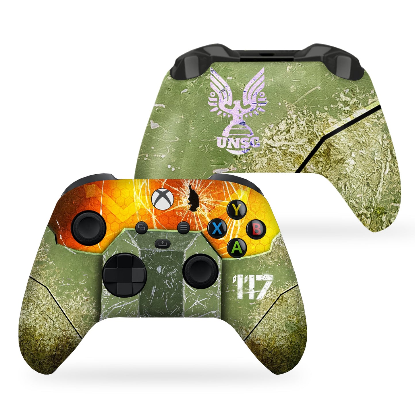 Xbox Series X controller front and back pieces with green UNSC and orange Halo graphics