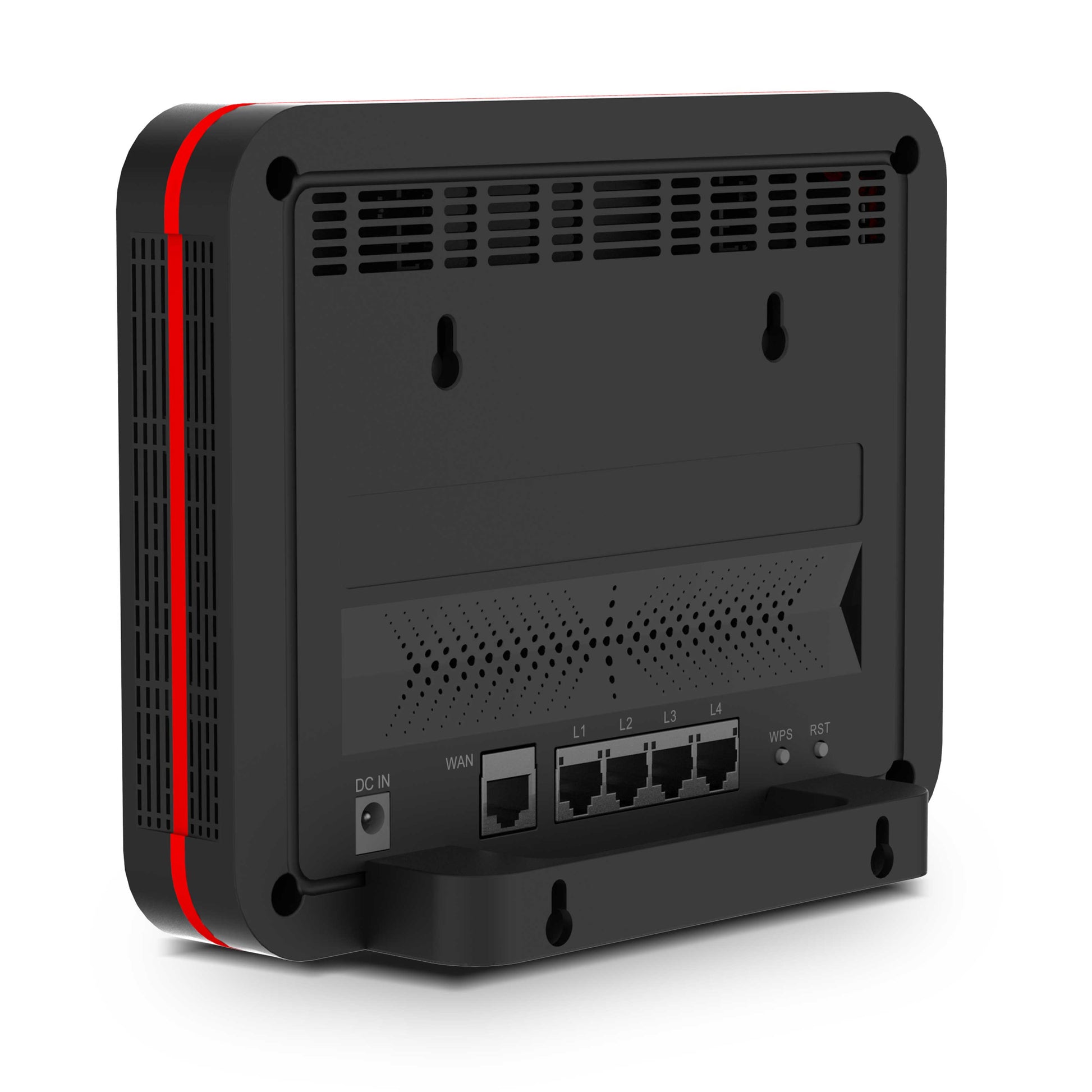 Black Wi-Fi router rear panel with ports and ventilation grille