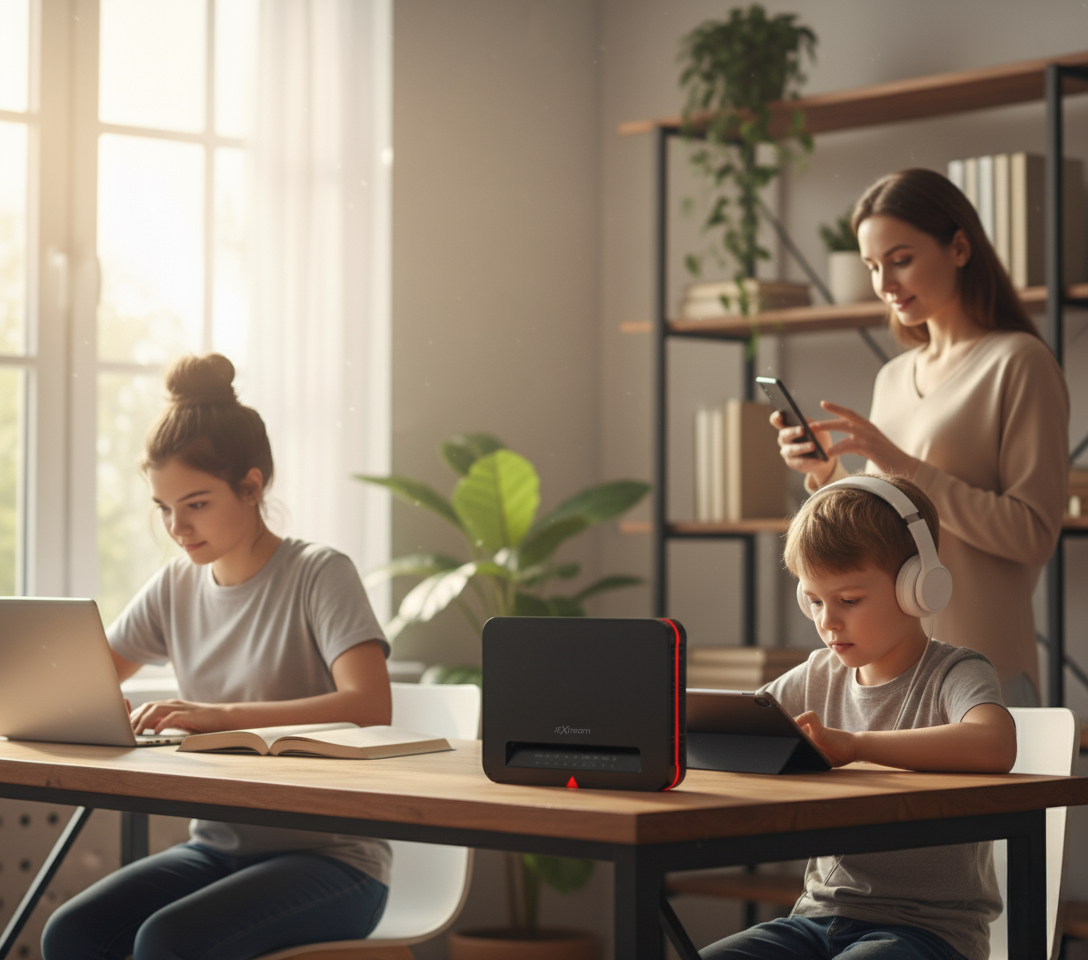 Black Wi-Fi router on a table beside a laptop
