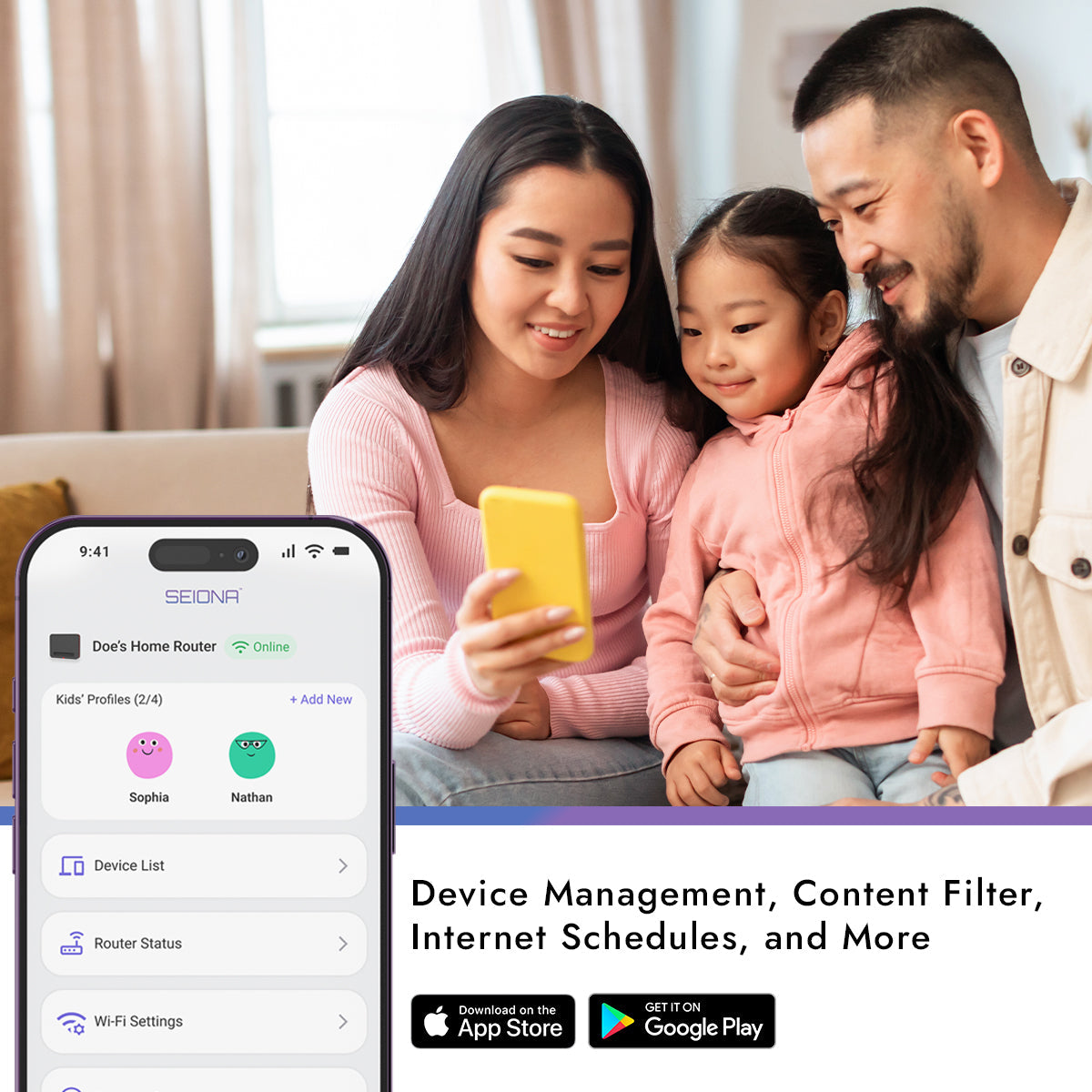 Black Wi-Fi router with smartphone app menu for device management and scheduling