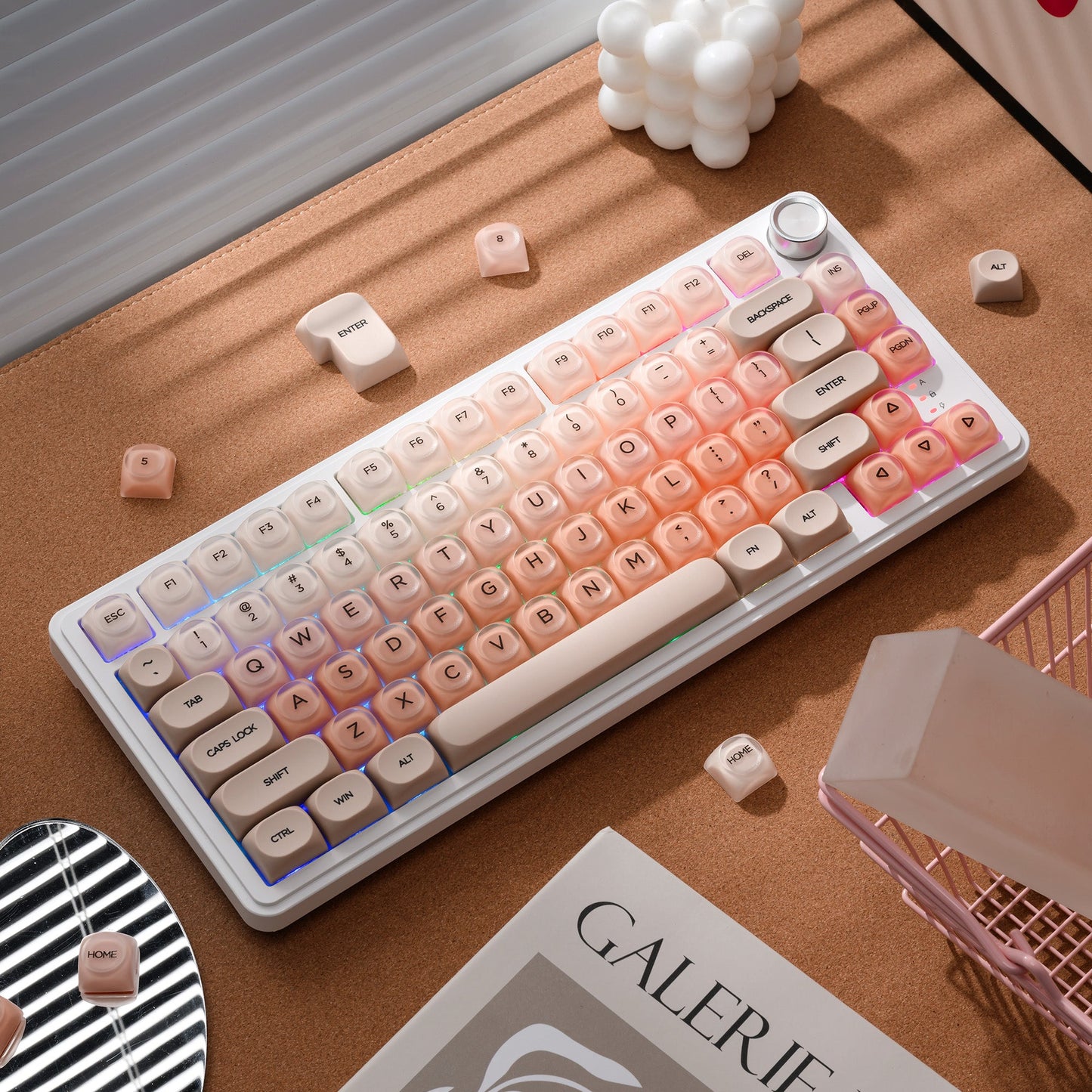 Translucent HOA profile keycap set on keyboard, soft pink legends, 132 keys