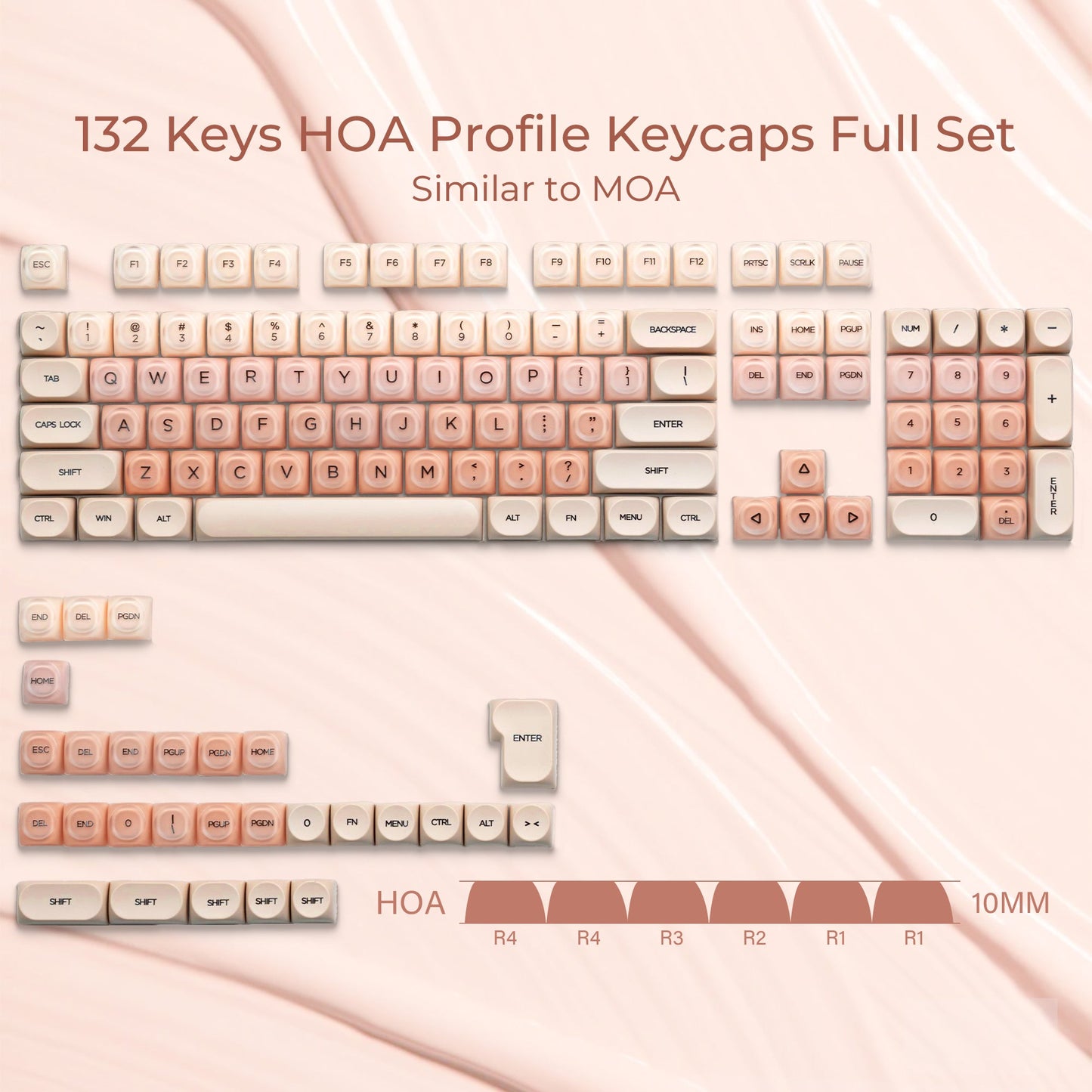 Translucent HOA profile keycap set, light pink legends, 132-key layout