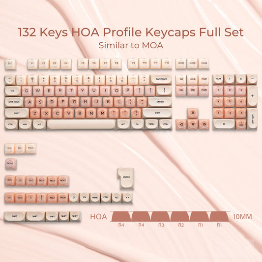 Translucent HOA profile keycap set, light pink legends, 132-key layout