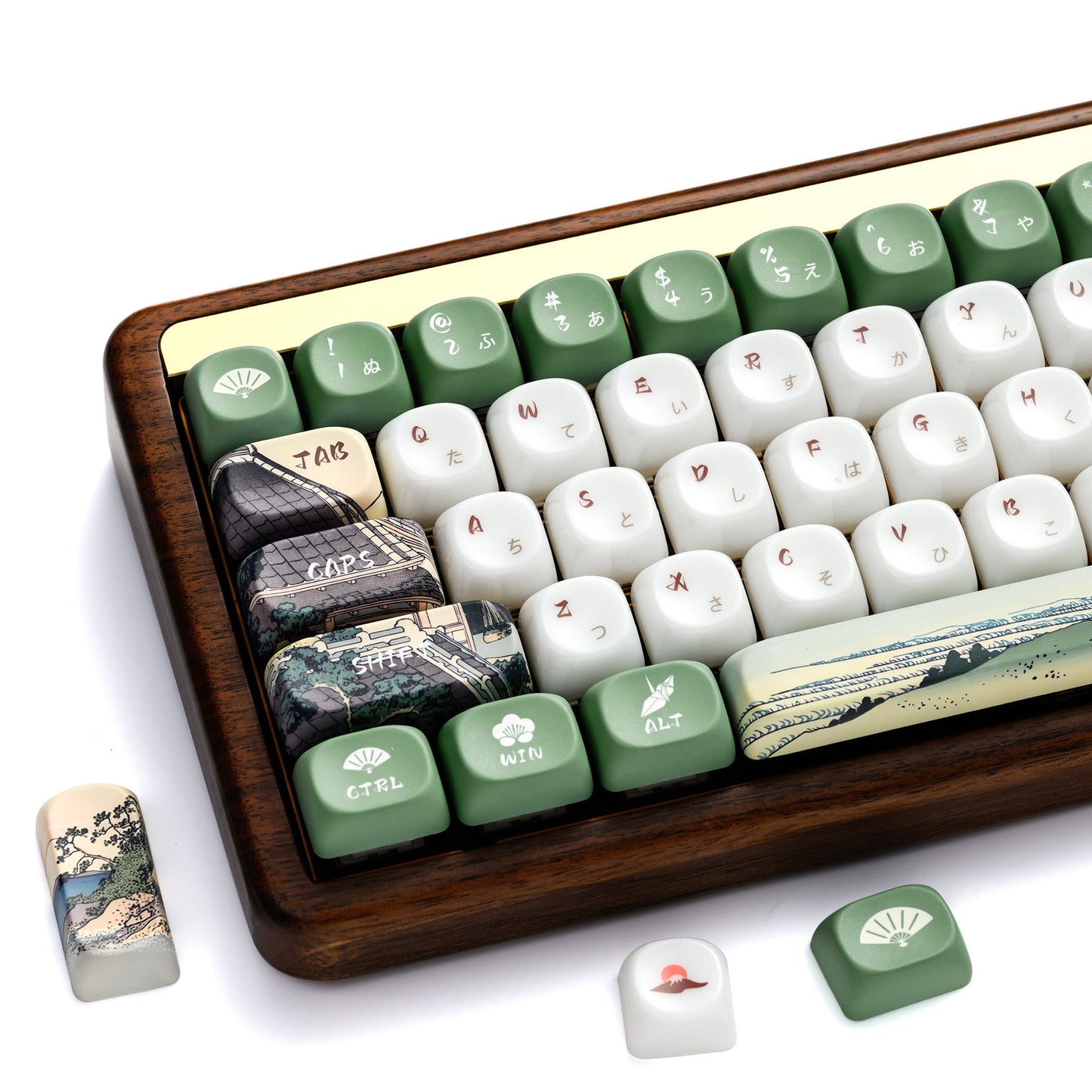 Keycap set featuring green and white keys with scenic printed artisan-style caps