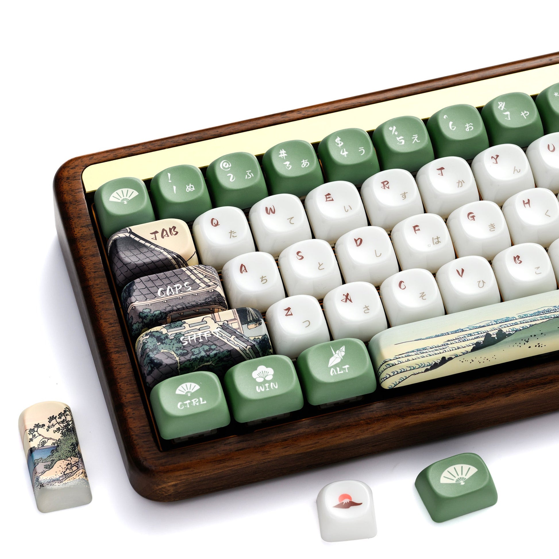 Keycap set featuring green and white keys with scenic printed artisan-style caps