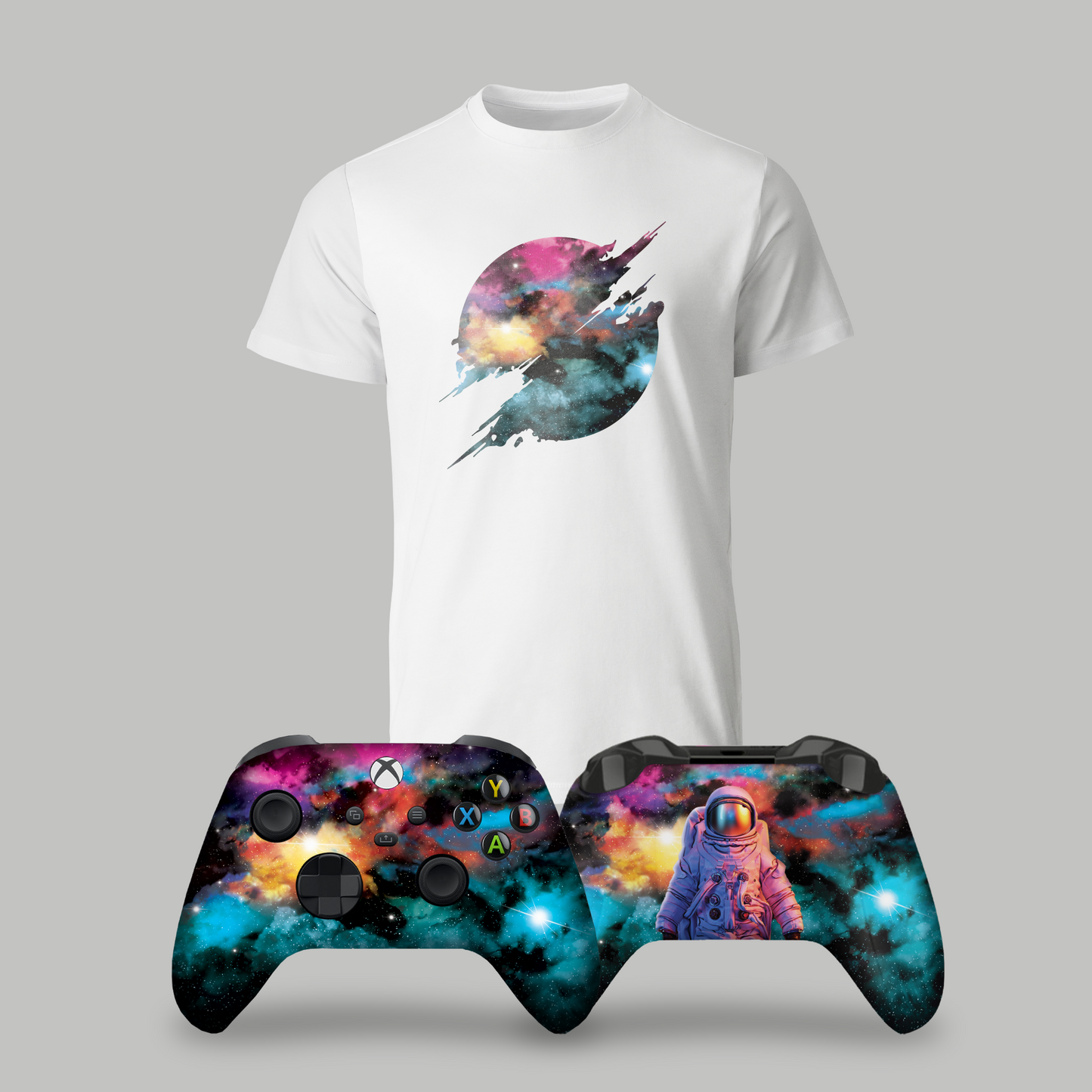 White T-shirt with galaxy jet graphic, showing two Xbox Series X controller variants