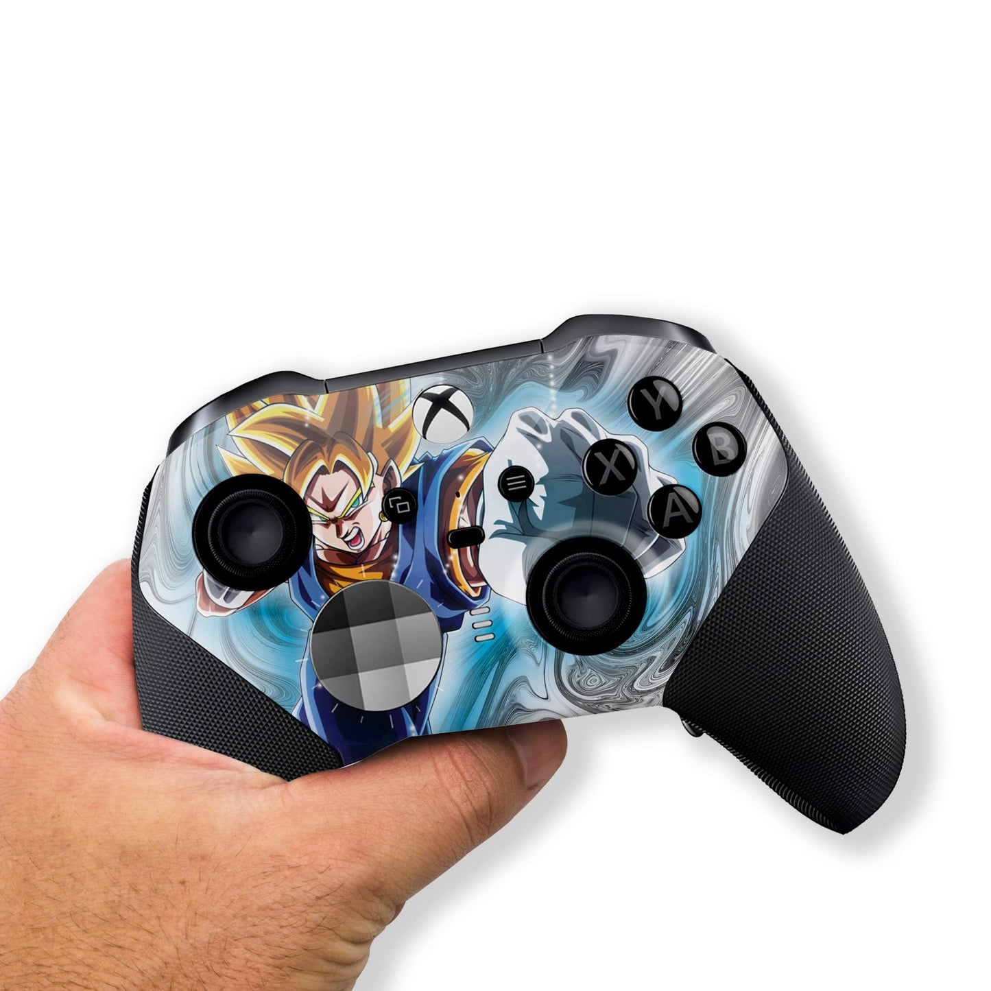 Xbox Elite Series 2 controller held in hand with blue anime hydro-dip front and black grips