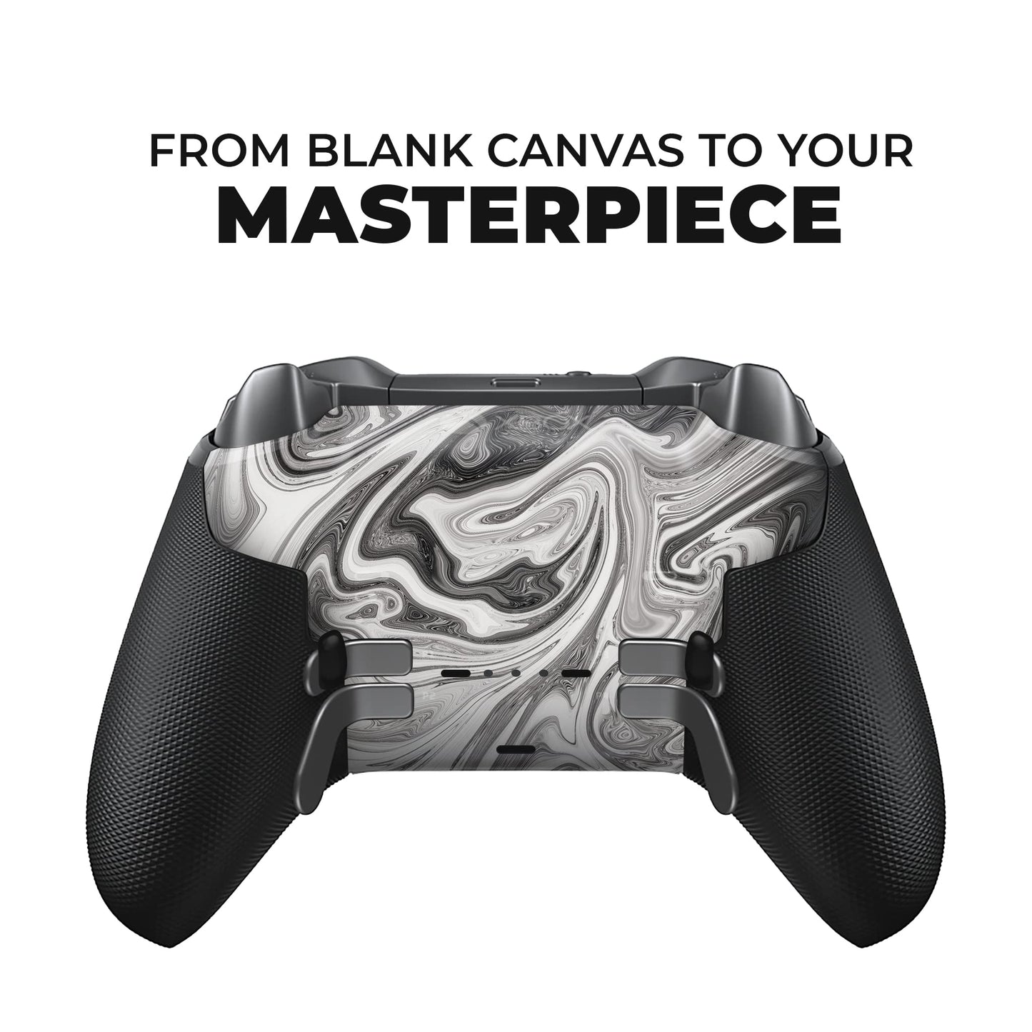 Xbox Elite Series 2 controller with gray swirl hydro-dip back and black textured handles