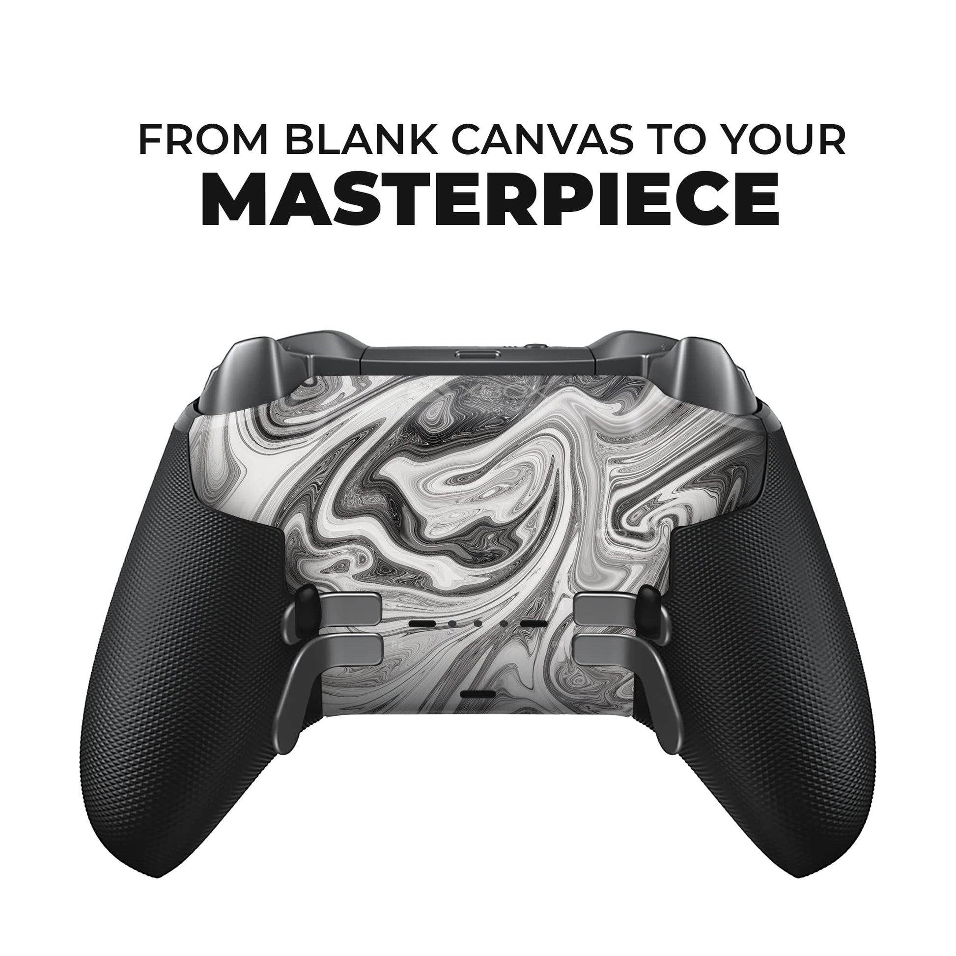 Xbox Elite Series 2 controller with gray swirl hydro-dip back and black textured handles