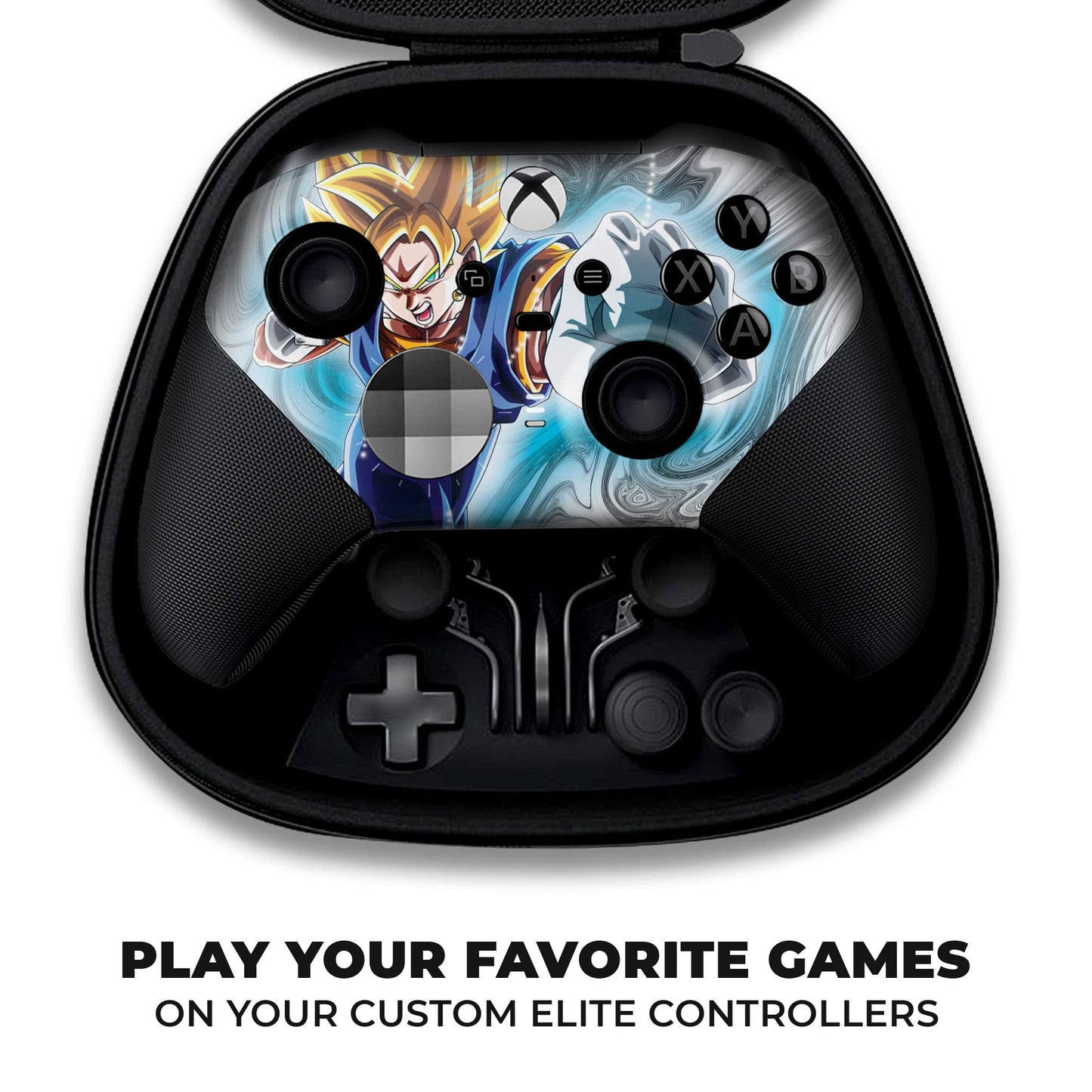 Xbox Elite Series 2 controller case underside with blue anime hydro-dip and black d-pad plus sticks