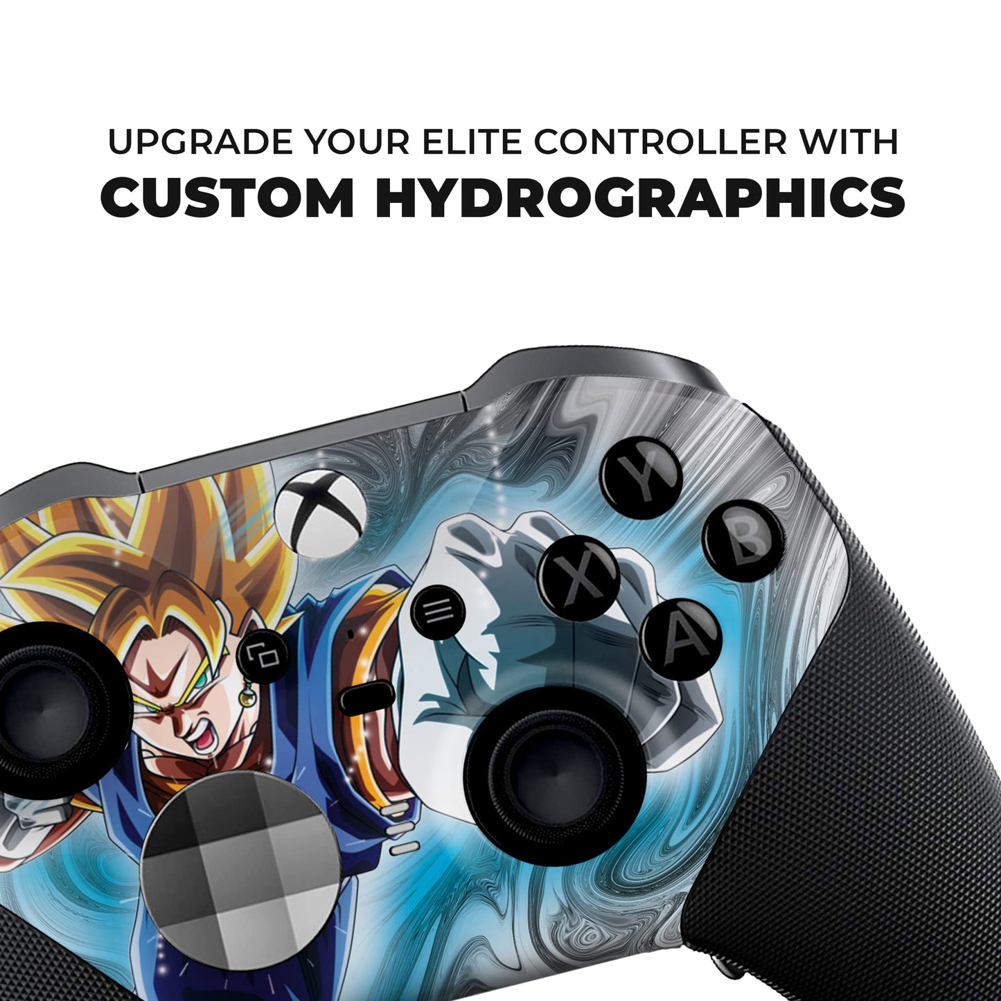 Xbox Elite Series 2 controller close-up with blue anime hydro-dip and black textured grip