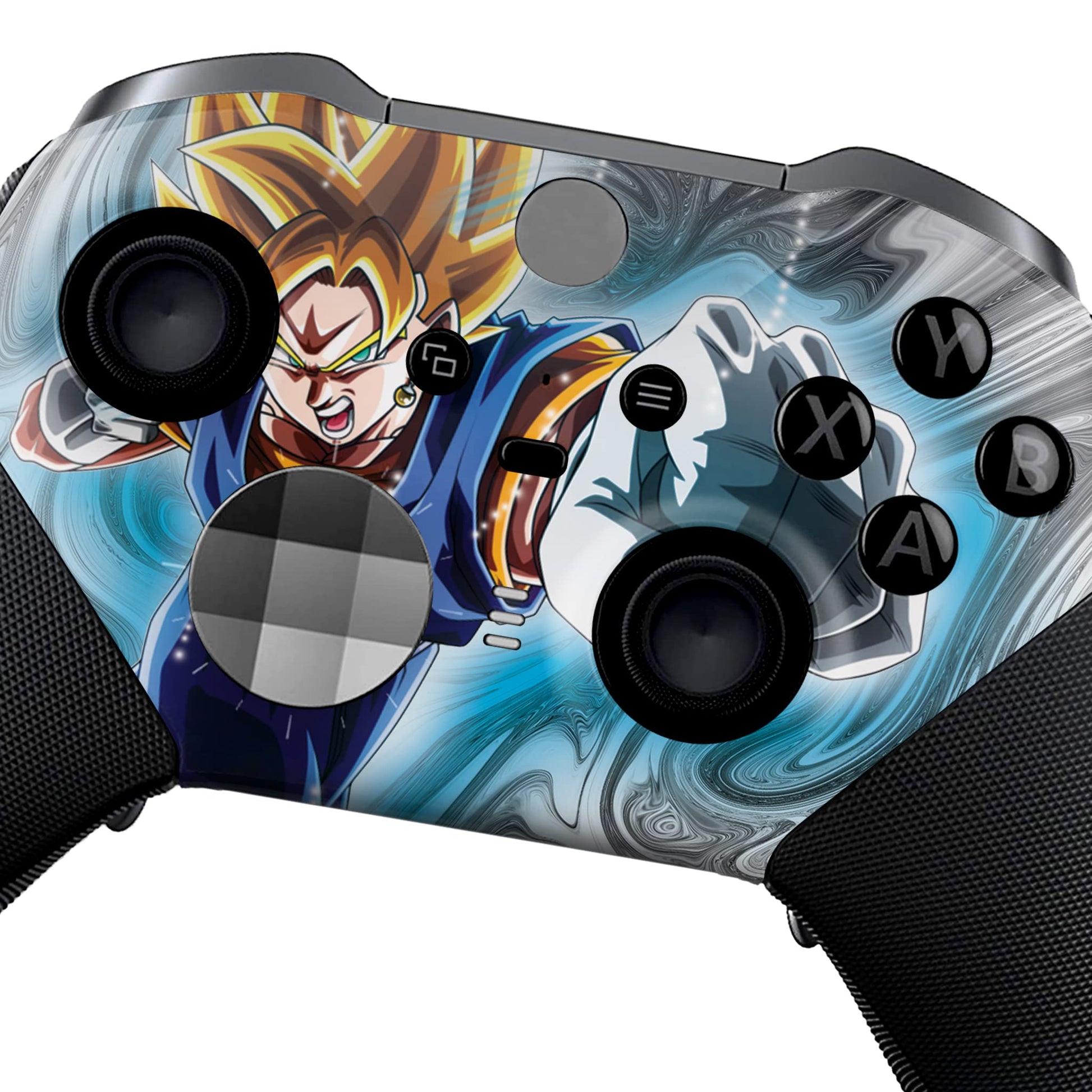 Xbox Elite Series 2 controller top view with blue anime hydro-dip face and black analog sticks
