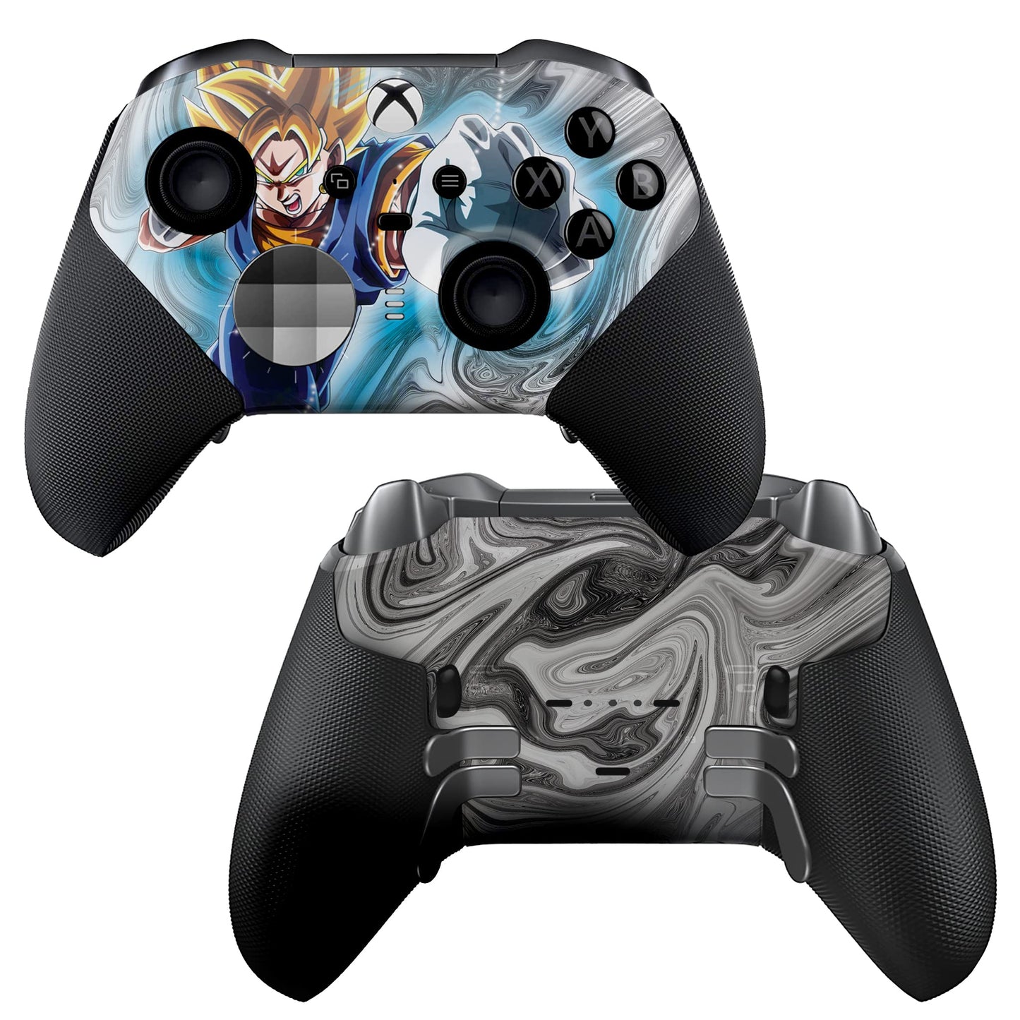 Xbox Elite Series 2 controller with blue hydro-dip anime front and black textured grips