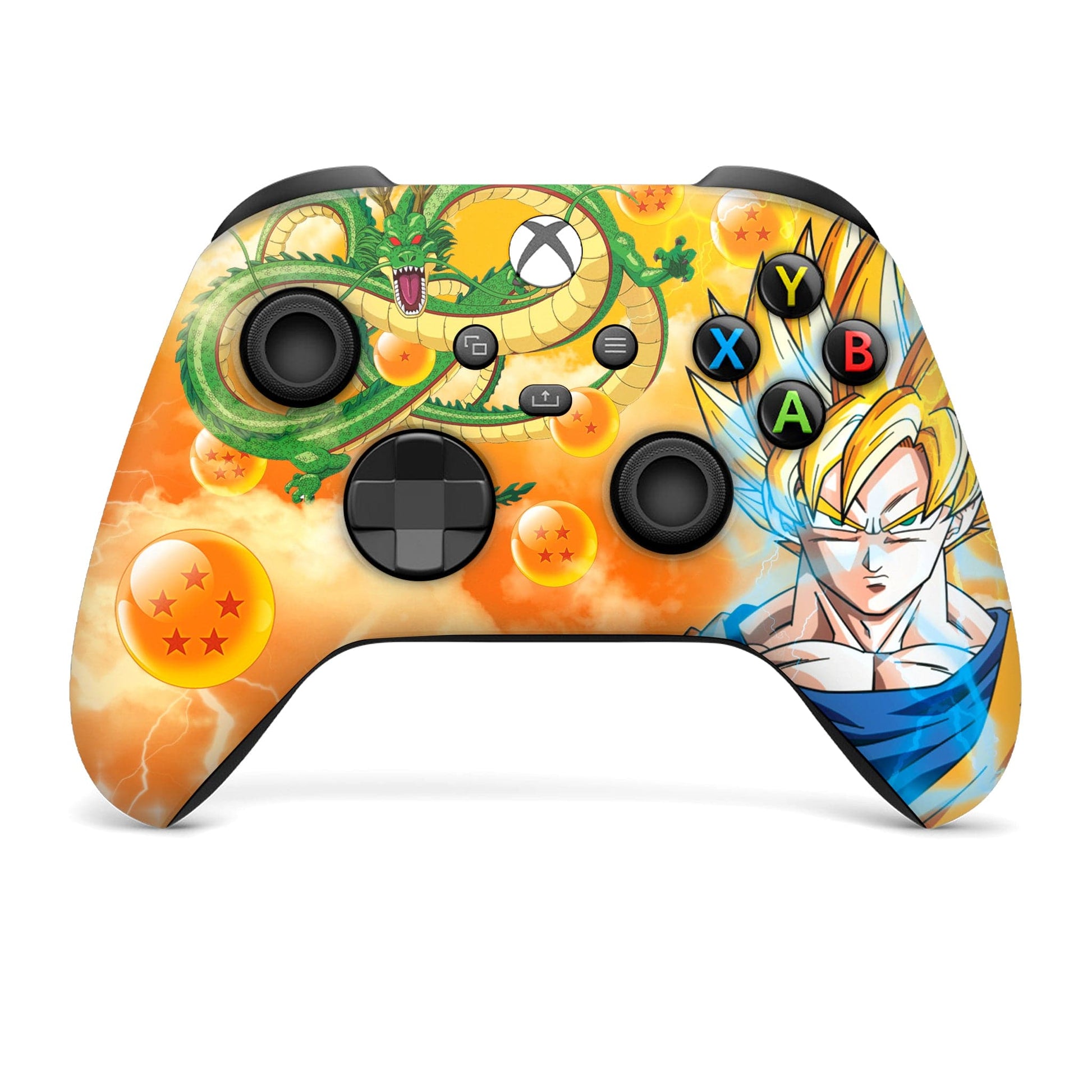 Xbox Series X/S controller with Goku and Shenron themed colorful front art, black buttons