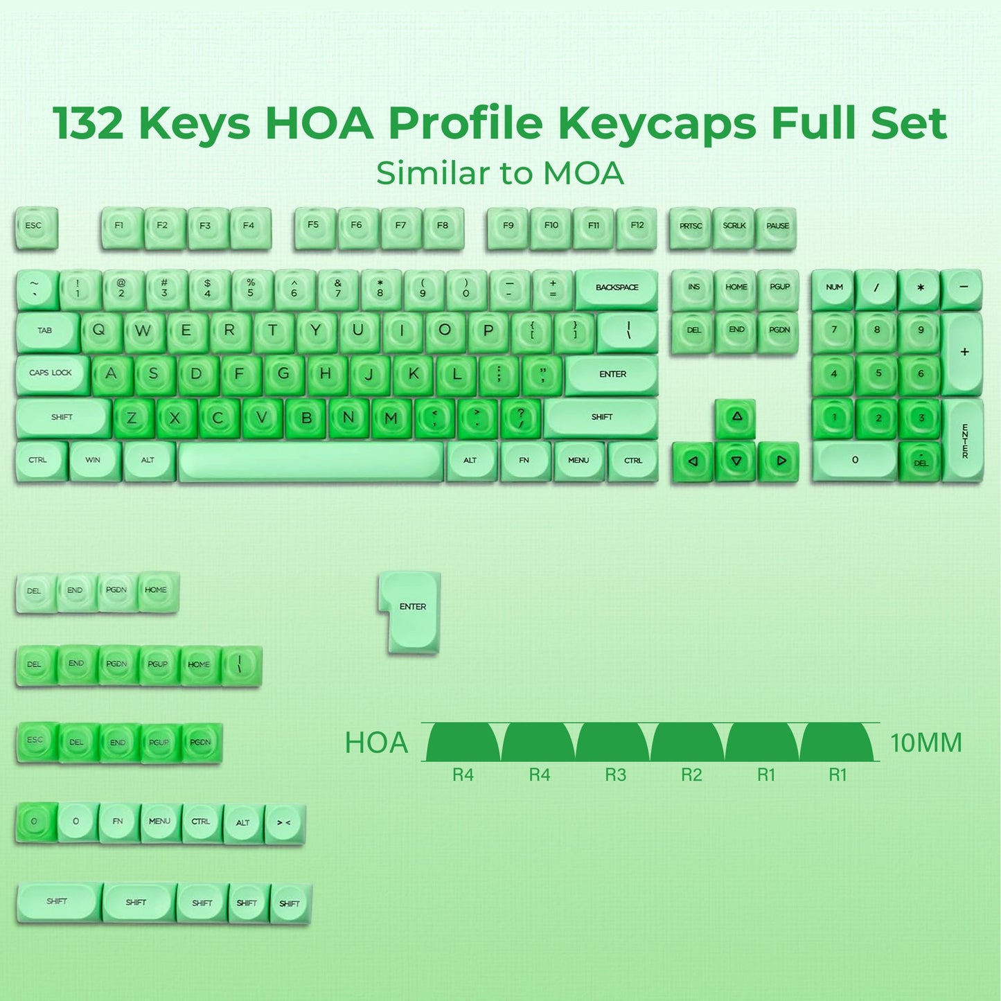 Translucent HOA profile keycap set, mint green legends, full 132-key layout