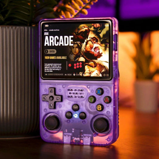 Handheld retro gaming console with purple shell, front screen and colorful button controls.