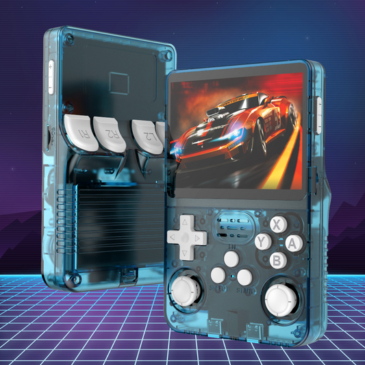 Handheld retro gaming console with blue body, front screen and controller buttons visible.