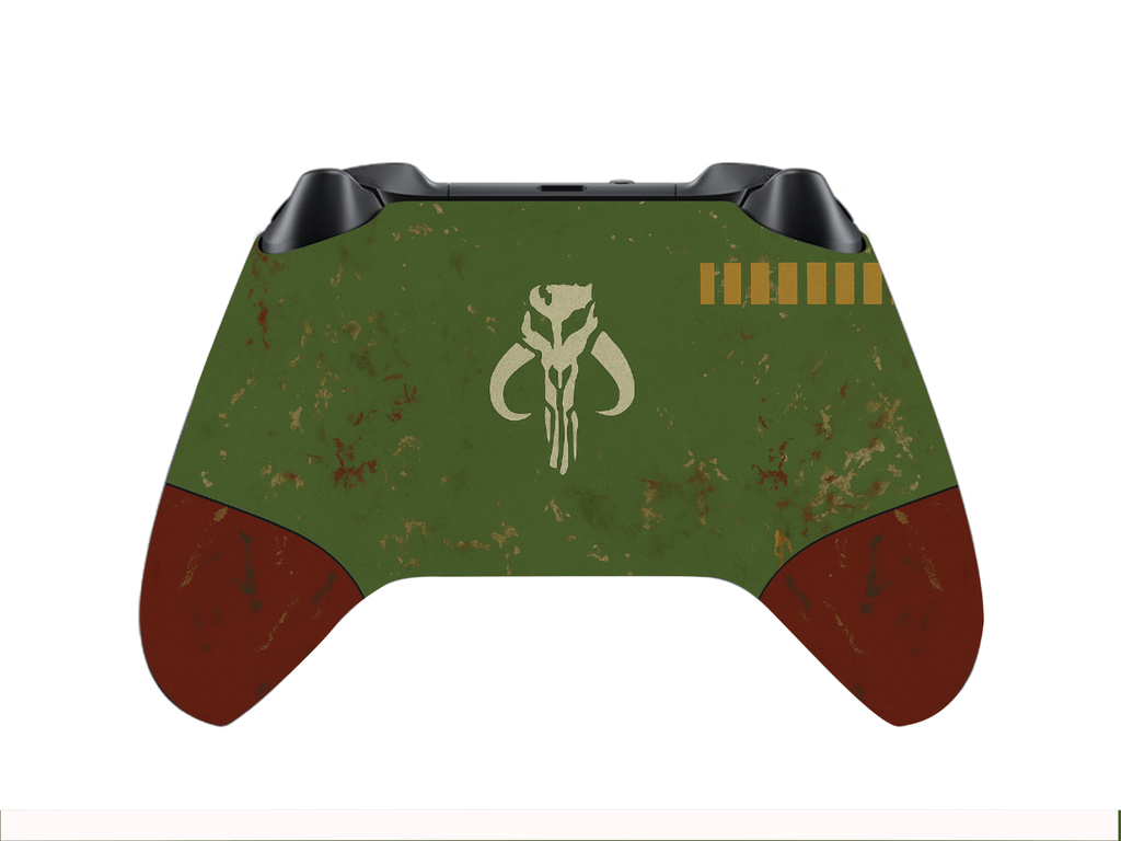 Xbox controller back with green armor graphic, skull emblem and gold bar accents