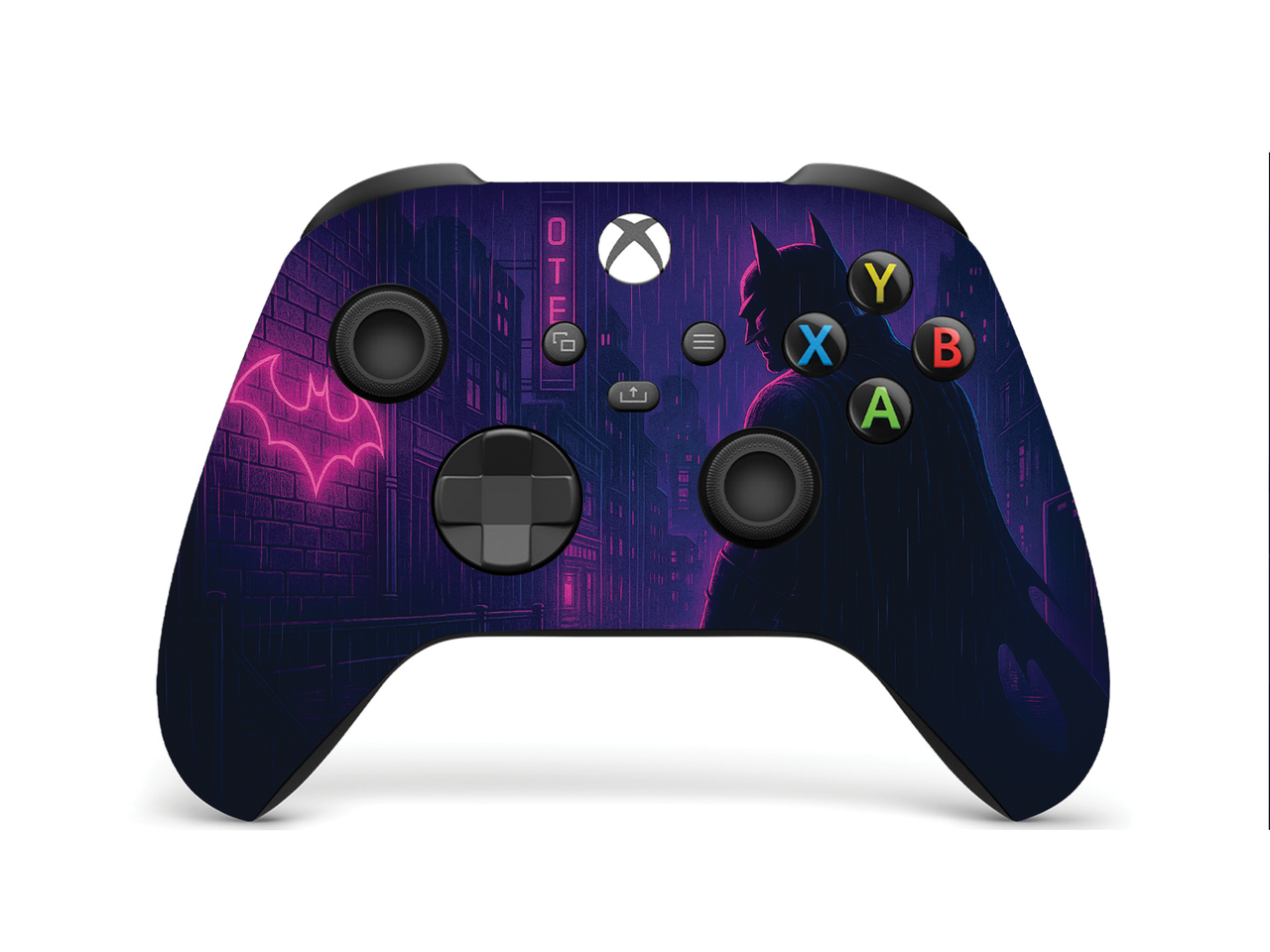 Xbox Series X/S controller with neon noir Batman front graphic and colored buttons