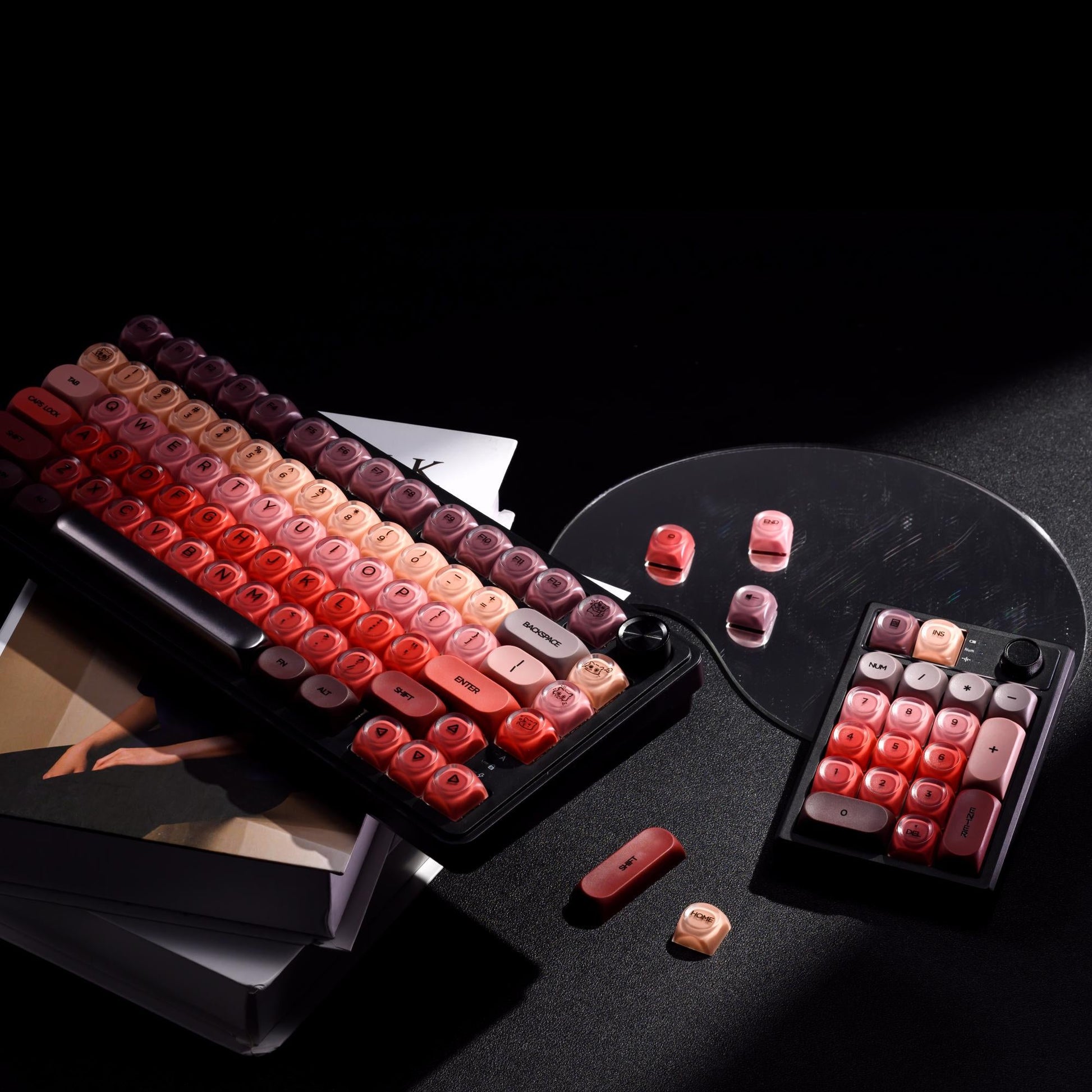 Translucent HOA profile keycap set, deep red and light pink legends on keyboard