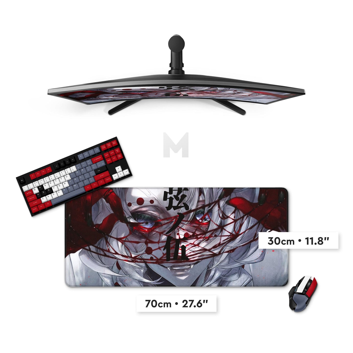 Custom gaming mouse pad deskmat with anime face graphic, 27.6 x 11.8 in.