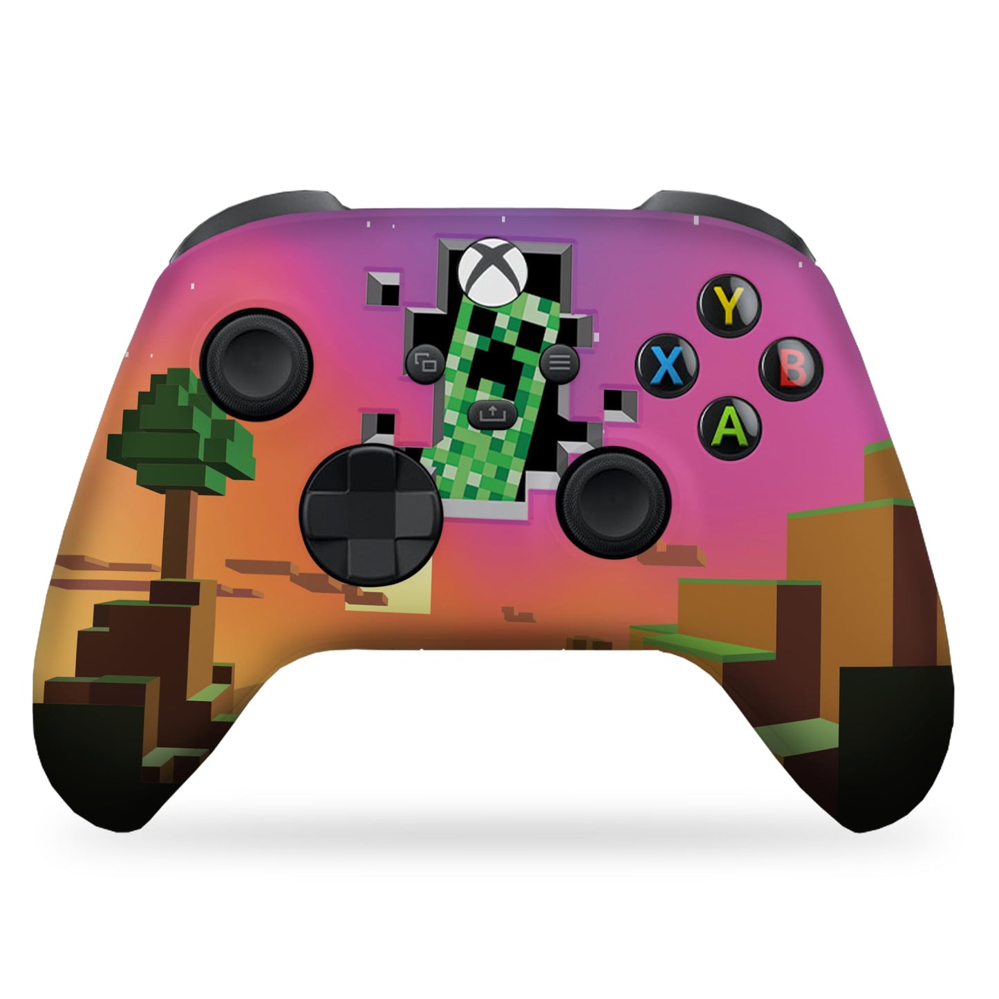 Black wireless game controller with pink Minecraft-style face graphics and thumbsticks