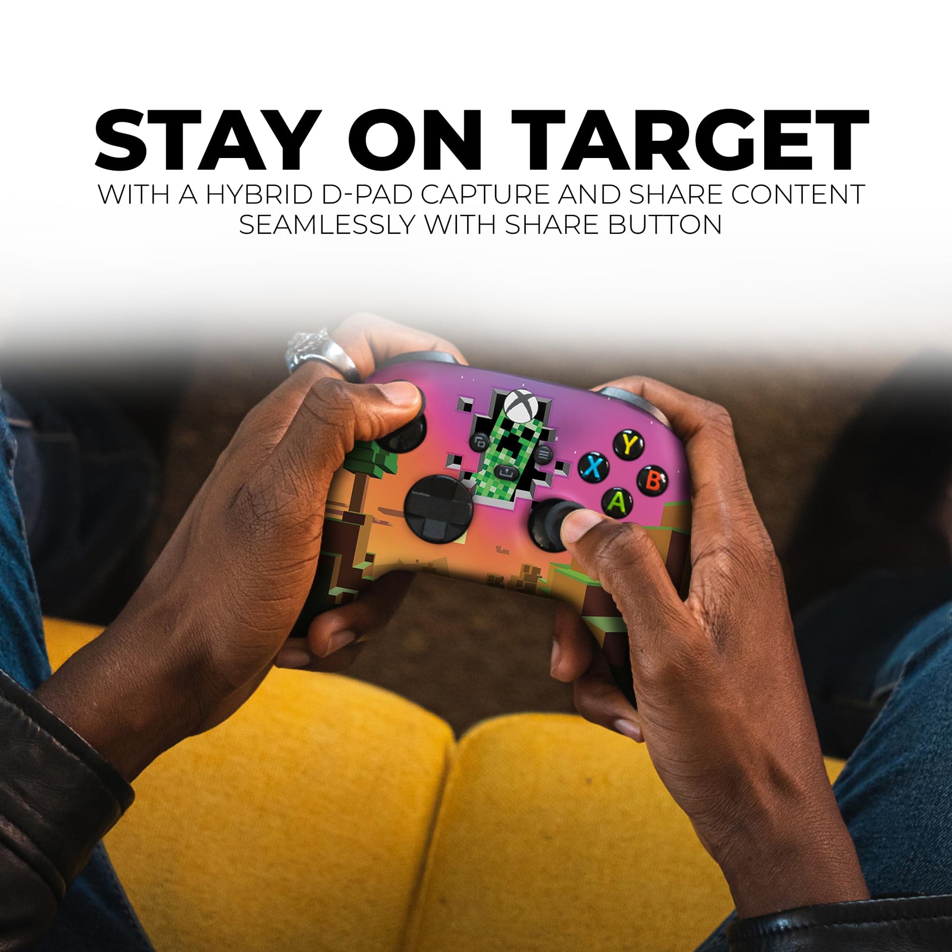 Pink Minecraft-style wireless controller in hands, showing triggers and thumbsticks