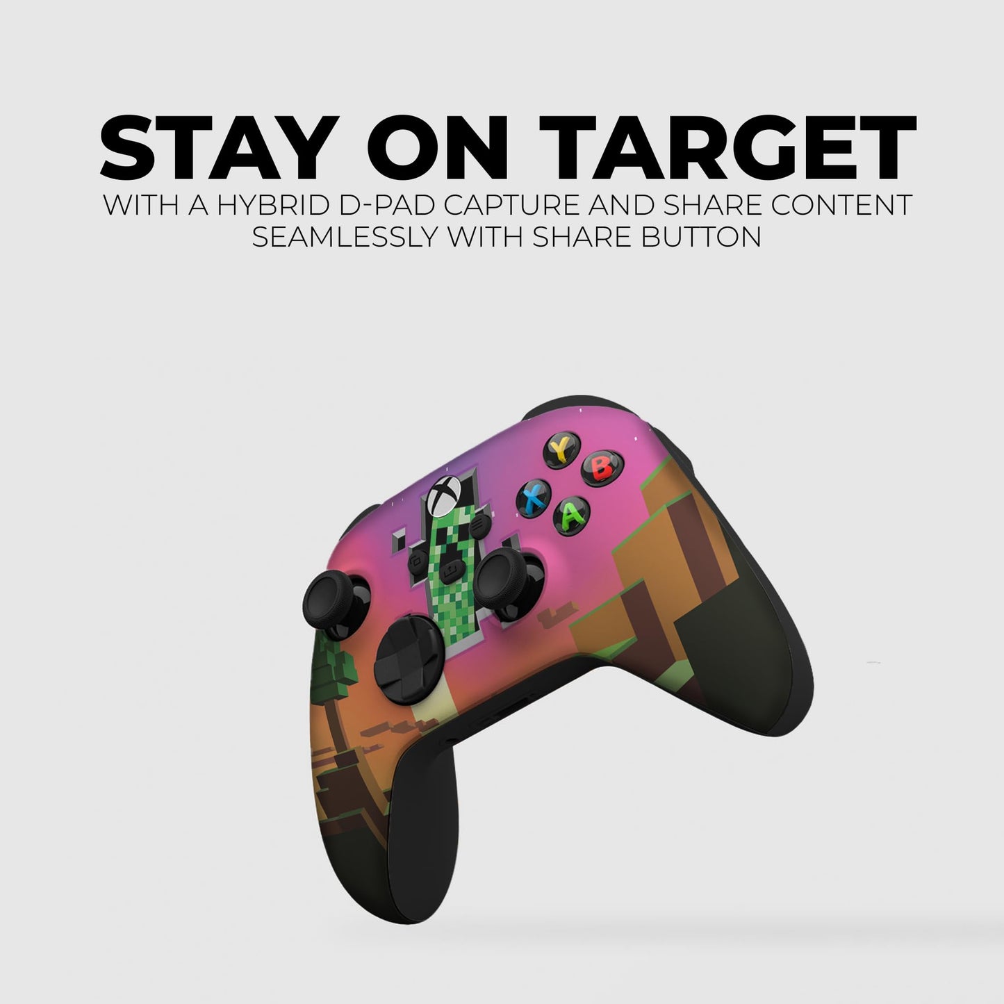 Pink Minecraft-style wireless game controller with black grips and face-button print