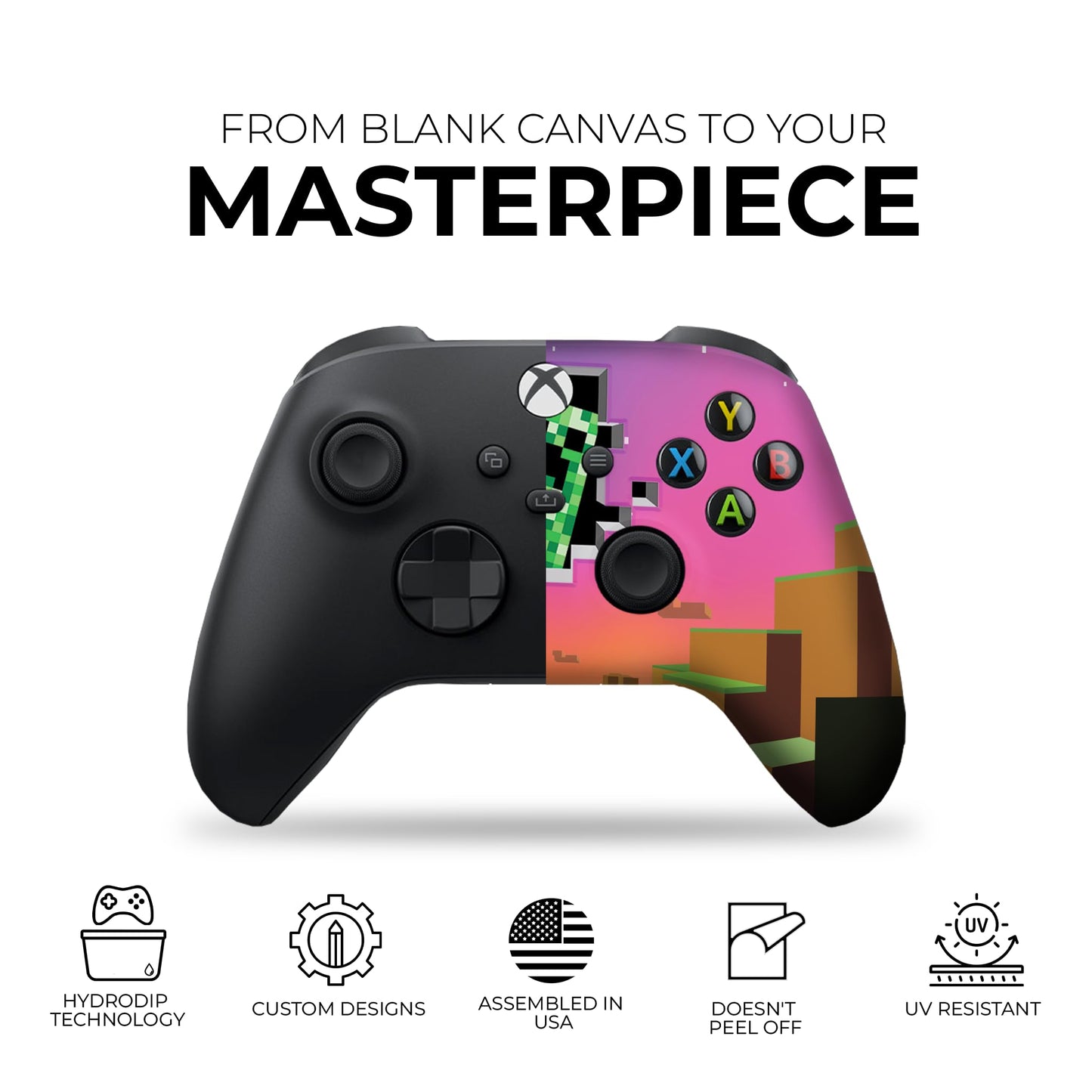 Black wireless game controller with pink Minecraft-style print and ABXY button layout