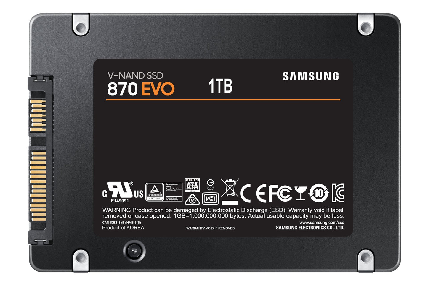 Bottom of SAMSUNG 870 EVO 1TB SATA SSD, showing ports, label text, and screws