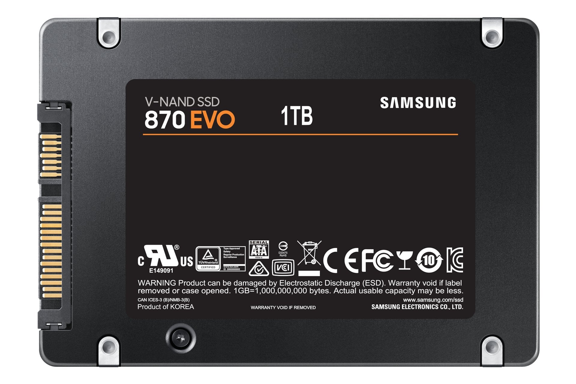 Bottom of SAMSUNG 870 EVO 1TB SATA SSD, showing ports, label text, and screws