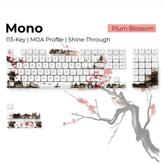 White MOA profile keycap set with plum blossom cherry print, shine-through PBT legends