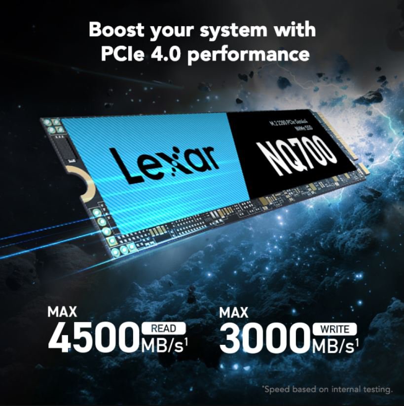 NVMe M.2 2280 SSD with blue Lexar panel and NQ700 text on black PCB