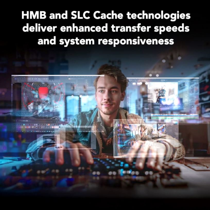 SSD cache technology promotional graphic with HMB and SLC cache messaging