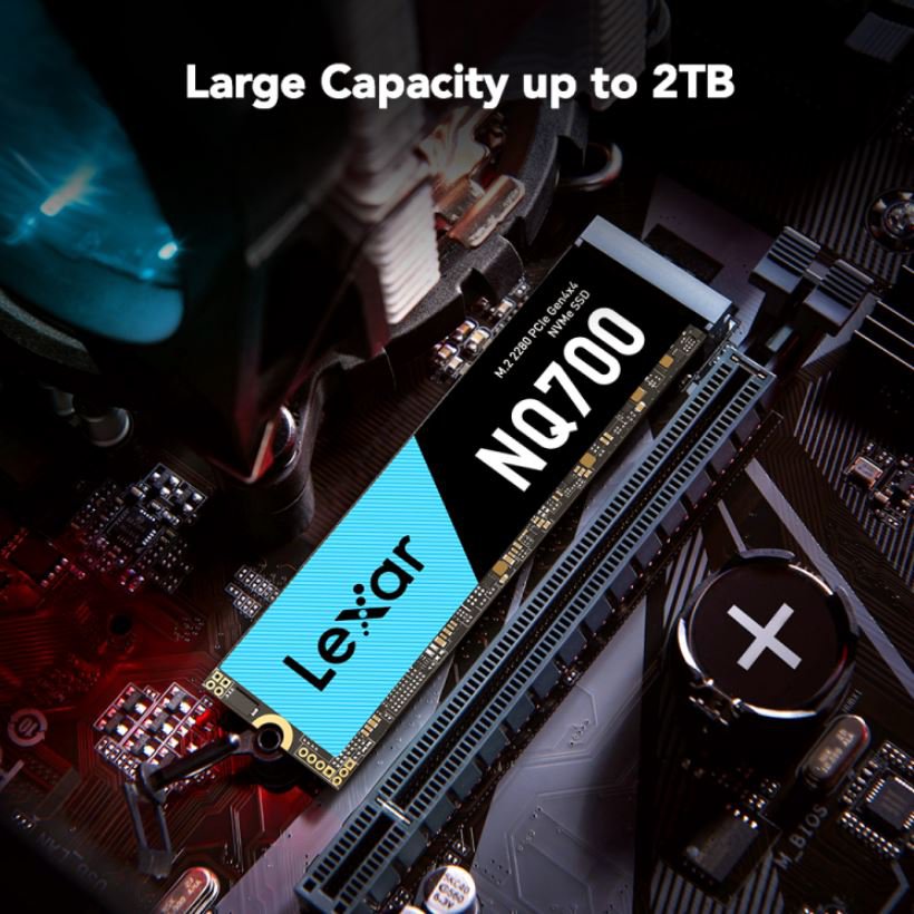 Close-up NVMe M.2 2280 SSD module with blue Lexar logo and NQ700 marking