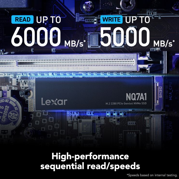 Lexar NQ7A1 SSD on motherboard, read up to 6000 MB/s and write up to 5000 MB/s