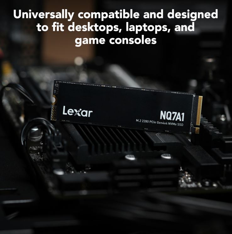 Lexar NQ7A1 NVMe M.2 2280 SSD installed on PCIe card, black PCB with gold contacts