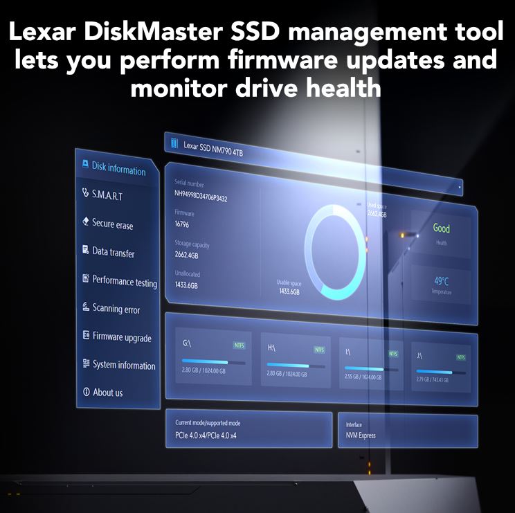 Lexar DiskMaster SSD management tool interface for monitoring and firmware updates
