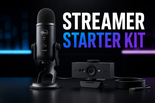 Blue Yeti microphone and webcam with 'Streamer Starter Kit' text on a dark background