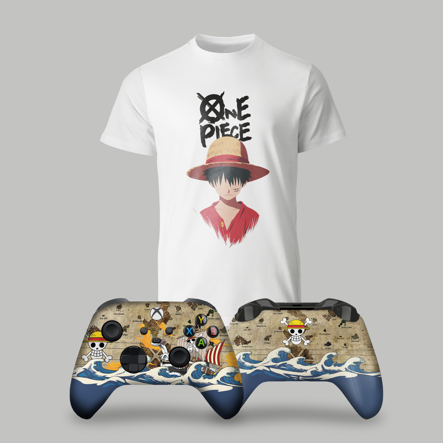 White graphic T-shirt with One Piece character and two Xbox controllers with wave decals