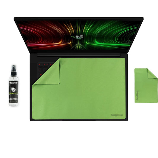 Laptop keyboard cover and screen protector set, green with cleaning spray and cloth