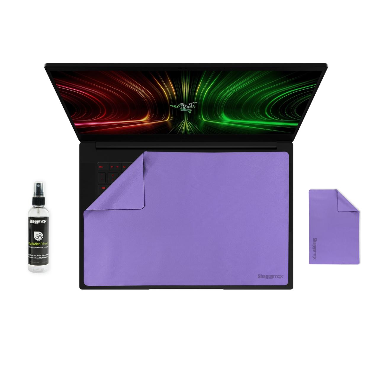Opened 14-inch laptop with light purple microfiber screen protector and keyboard cover kit