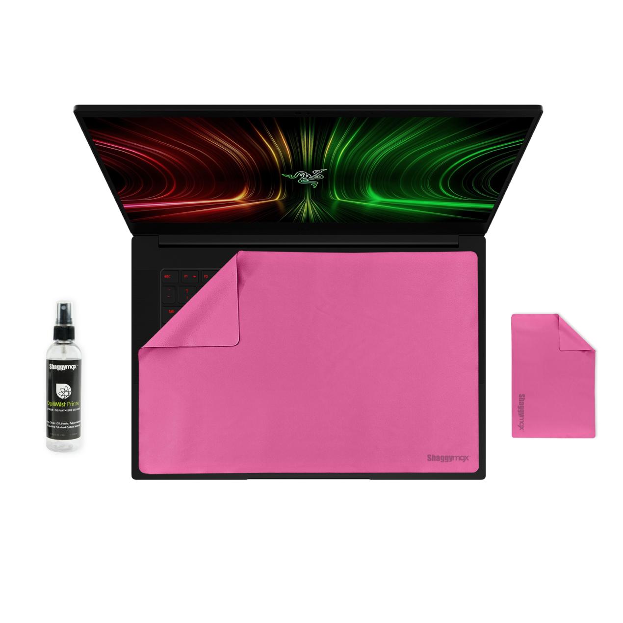 Opened 14-inch laptop with pink microfiber screen protector and keyboard cover kit