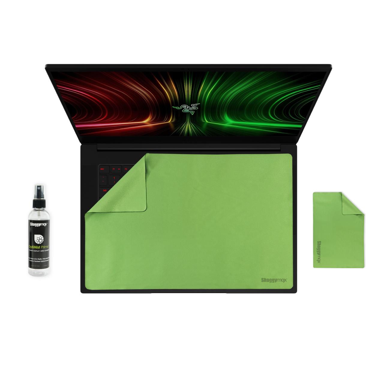 Opened 14-inch laptop with green microfiber screen protector and keyboard cover kit