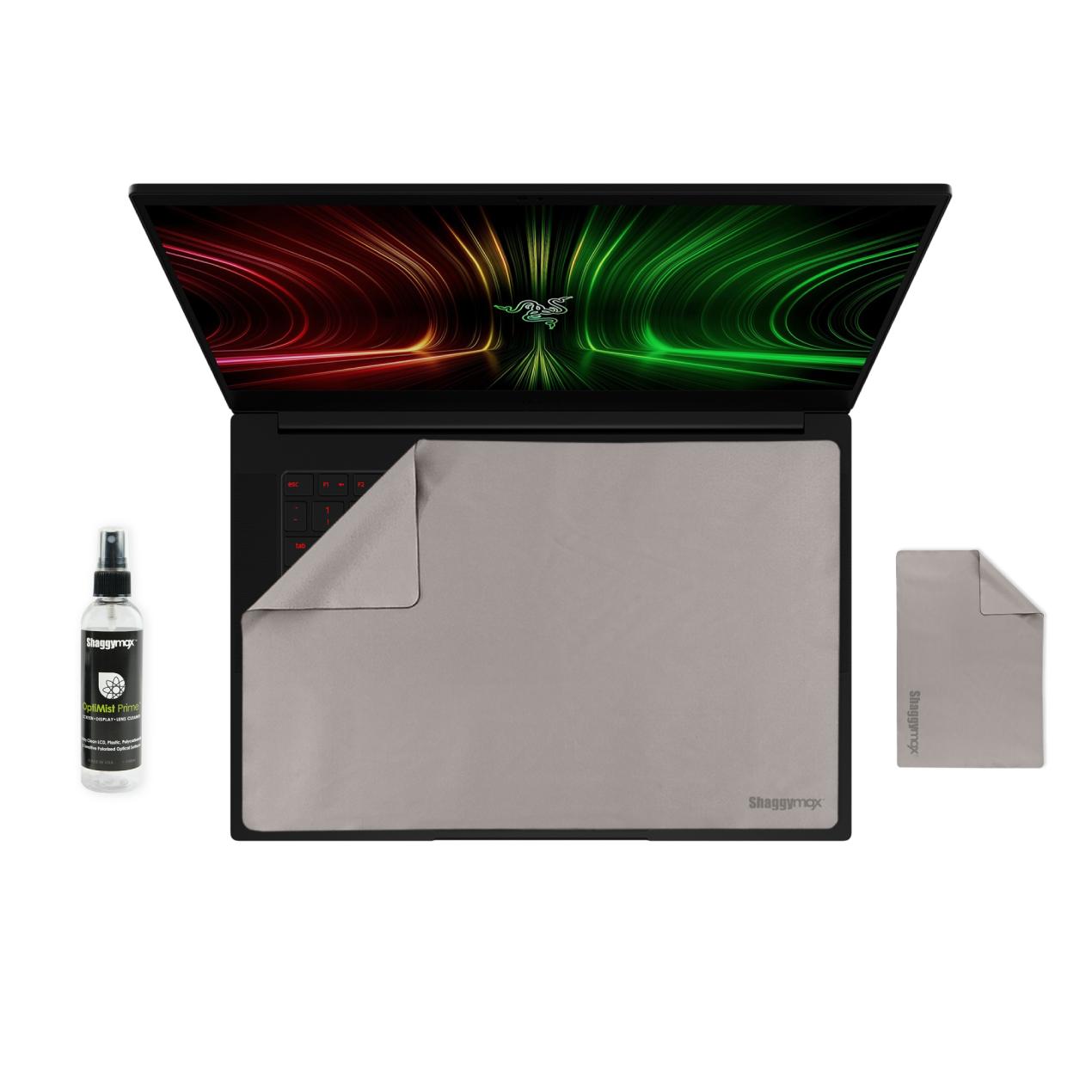 Opened 14-inch laptop with gray microfiber screen protector and keyboard cover kit