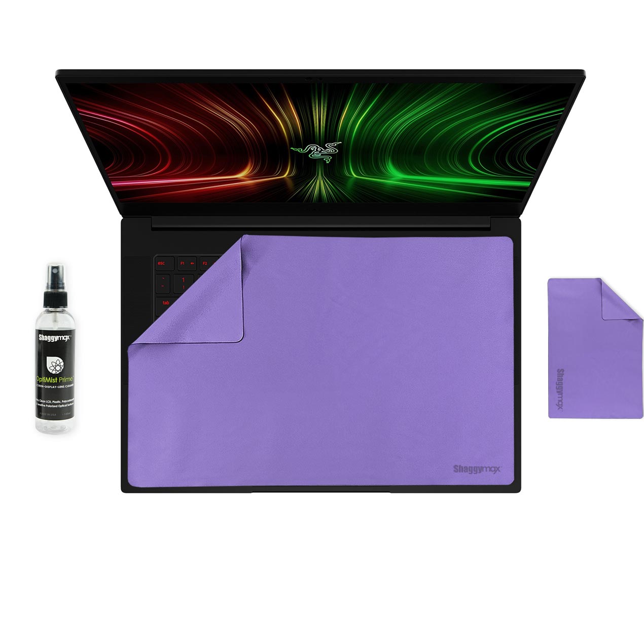Laptop keyboard cover and screen protector set, purple with cleaning spray and cloth