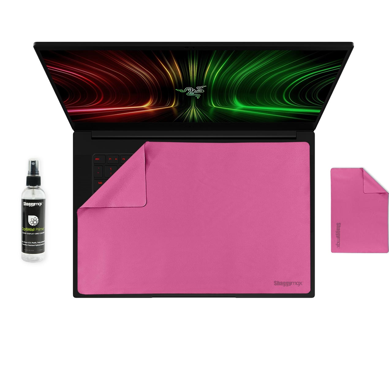 Laptop keyboard cover and screen protector set, pink with cleaning spray and cloth