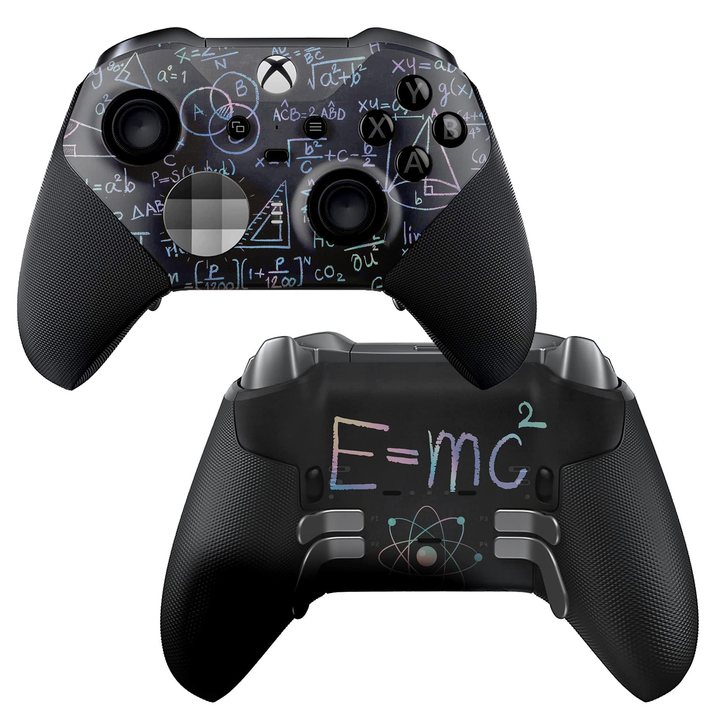 Black Xbox Elite Series 2 controller with physics-themed blue hydrographic front and back