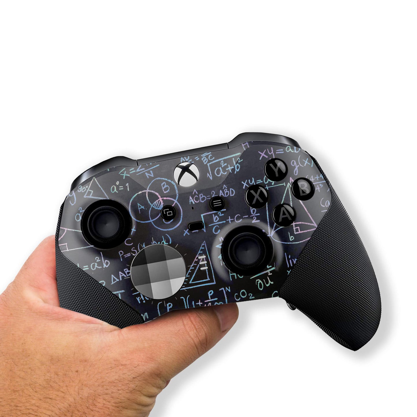 Black Xbox Elite Series 2 controller held in hand, blue physics hydrographic panel